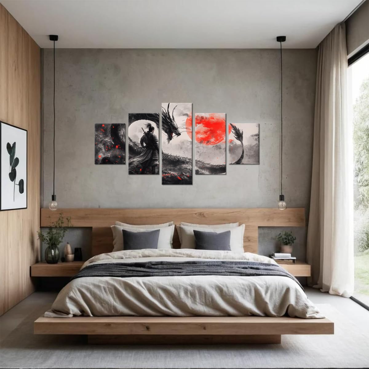 Japaneses Samurai Bedroom Wall Art Dragon Pictures Wall Decor Black and White Asian Warrior Artwork Red Sun Canvas Prints for Bathroom Office Living Room Bushido Poster Framed 5 Pieces 60''W x 40''H (60"Wx40"H / Samurai 5P-22)