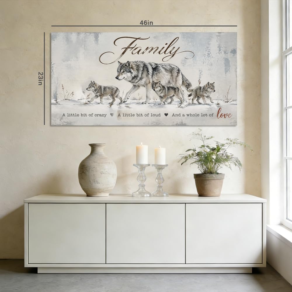 Wolf Family Canvas Wall Art Rustic Farmhouse Winter Wildlife Painting with Inspirational Quote Flat Print Gallery Wrapped Artwork for Living Room Bedroom Bathroom Decor (Retro / Wolf Family 30 / 58"L x 28"W)