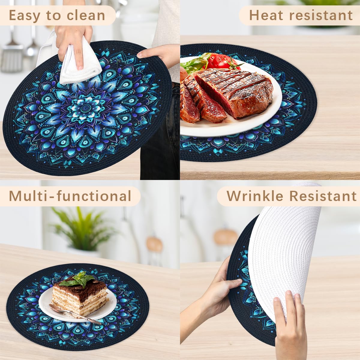 Mandala Woven Placemats Round Placemats Set of 4 Festival Party (A 013 / 4 pieces)