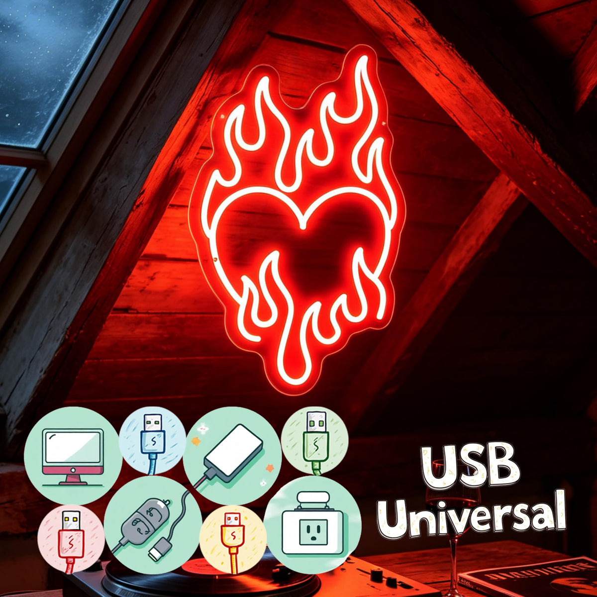 Flaming Heart Neon Sign GothicRomantic LED Wall Decor Game Room (Flaming Heart)