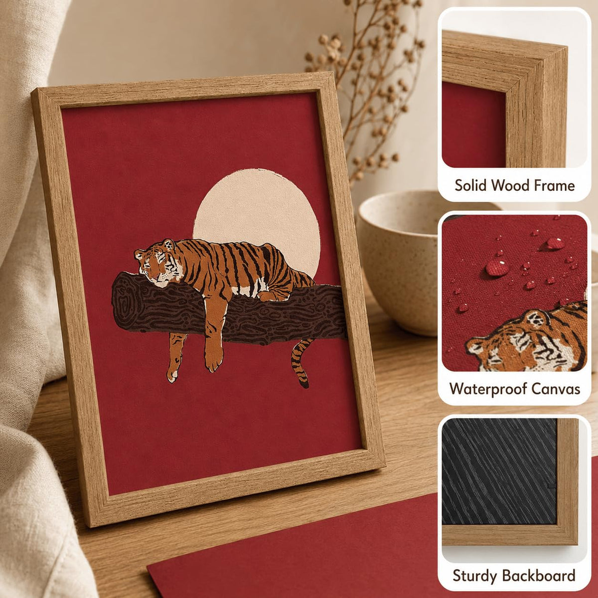 Japanese Sleeping Tiger Framed Wall Art Bold Red Amber Wildlife art (Japanese Tiger / 10"L x 8"W)