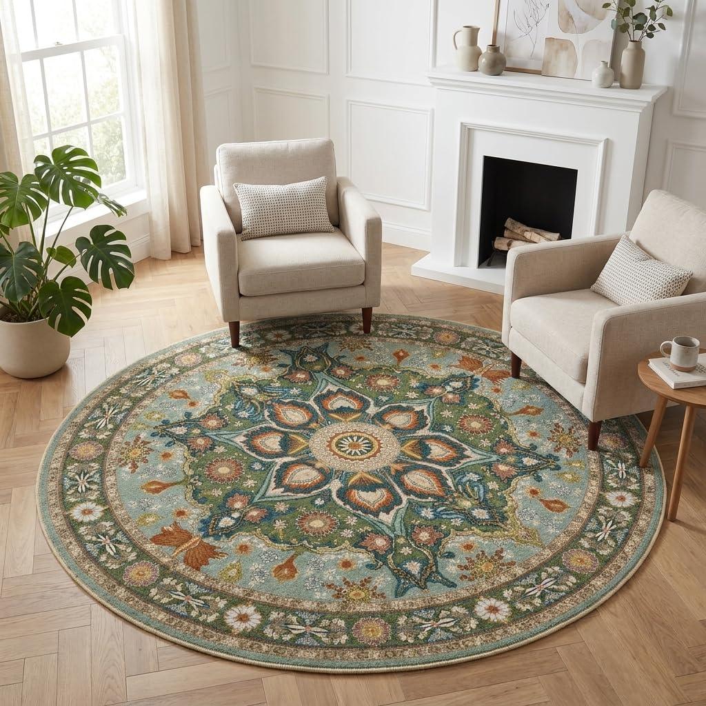 Sage Green Floral Round Area Rug 4ft (Daily-sage Green Floral / 4' (Round))