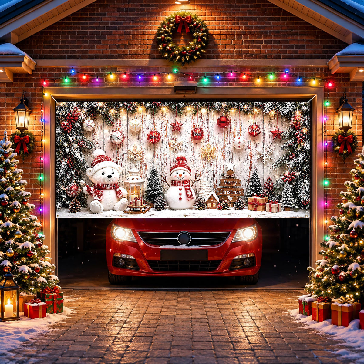 Christmas Garage Door Cover Bear & Snowman Party Backdrop 6x13FT (Christmas Background)