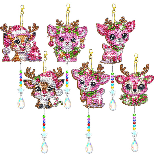 6 Pcs Diamond Painting Wind Chimes Pink Deer Diamond Art Christmas Ornament Kits Suncatcher 5D DIY Diamond Art Kits for Adults Holiday Xmas Best Gifts (Pink Deer)