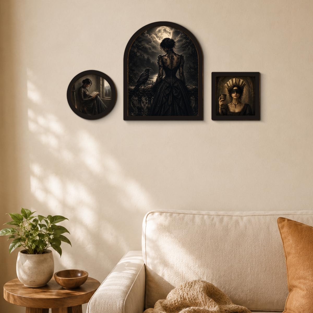 3 Pcs Gothic Raven Woman Wall Art Sign Framed Moonlit Victorian Decor (Dark-01)