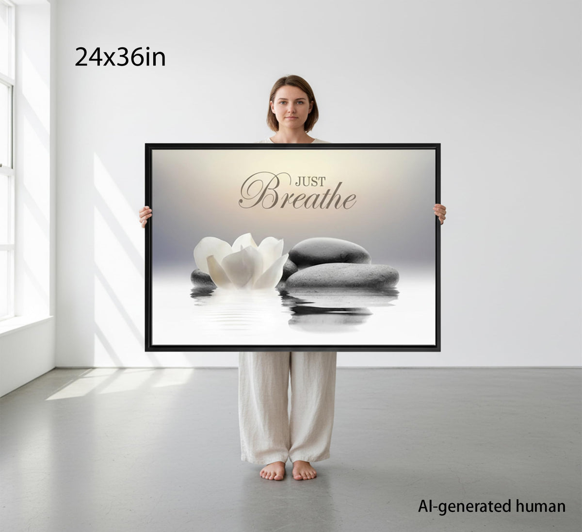 Framed Zen White Lotus Wall Art (Horizontal Zen / 36"L x 24"W)