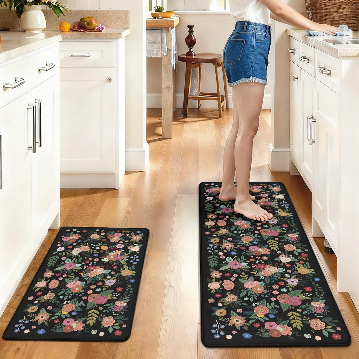 Anti Fatigue Boho Kitchen Rugs Set of 2 (Floral-black)