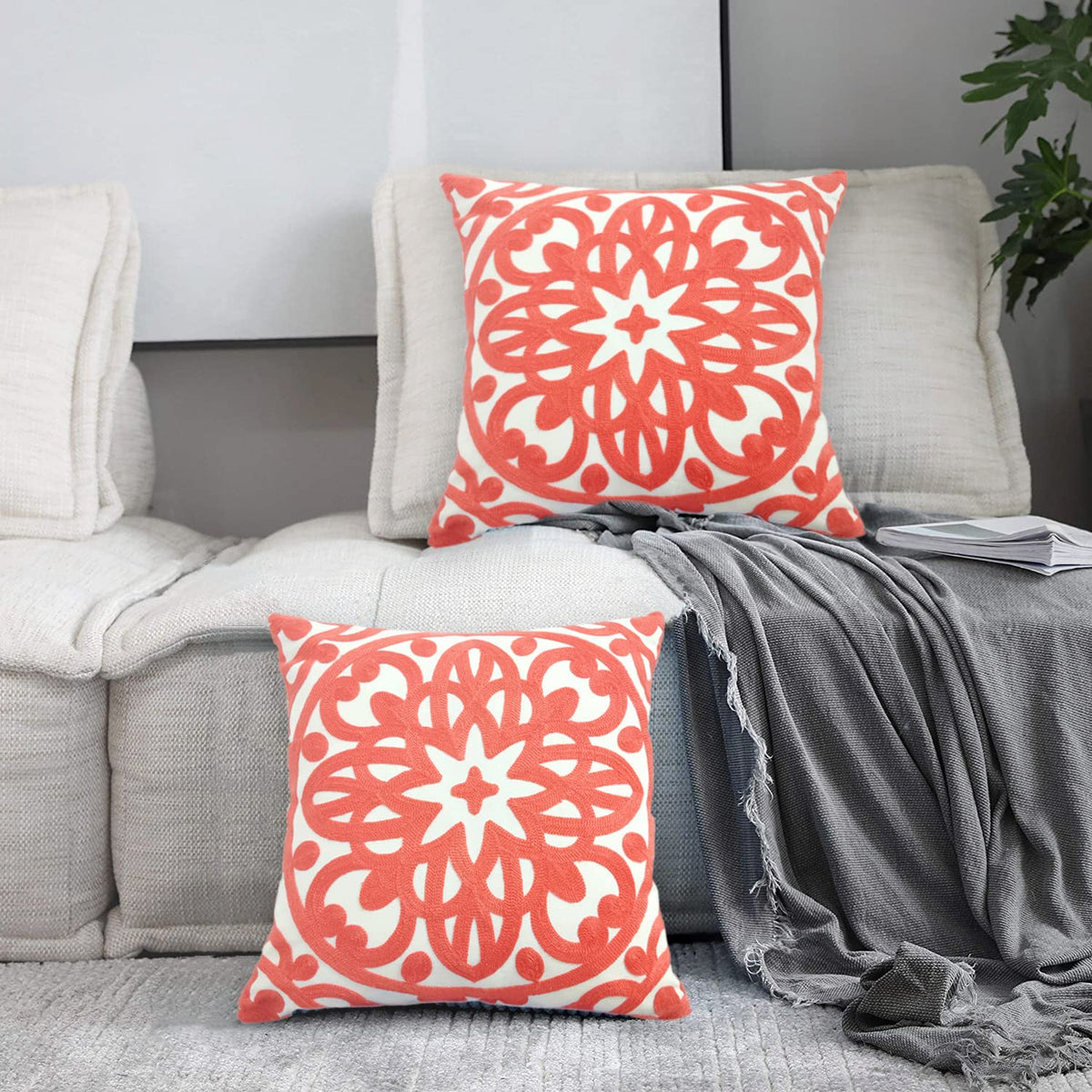 Embroidered Decorative Throw Pillow Cover 18"x 18" Set of 2 (Coral Peach / 18" x 18" (Pack of 2))