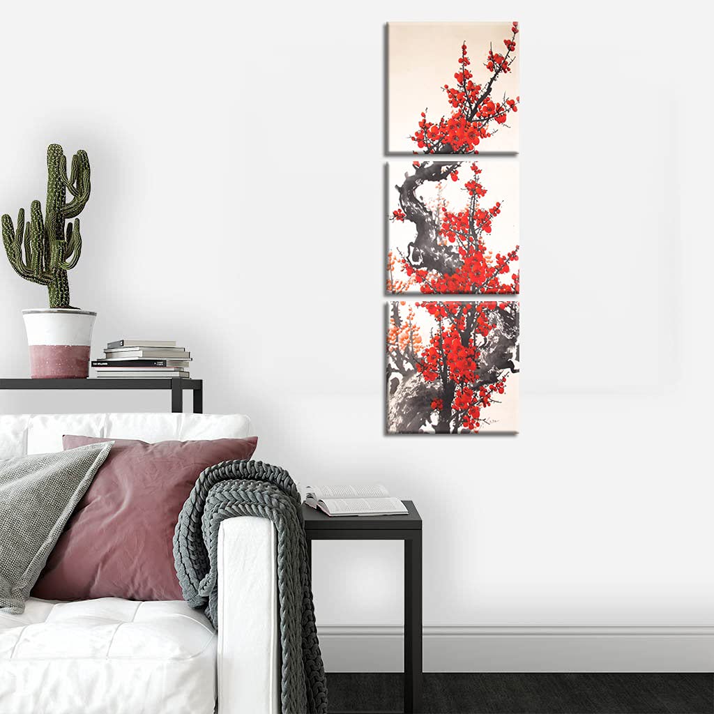 3 Panels Modern Giclee Canvas Prints Small Size Traditional Chinese Painting of Plum Blossom Canvas Prints Wood Framed Red Plum Blossom Wall Art Plum Flowers Print Painting (flower3 / 16x16 inches (3 pieces))