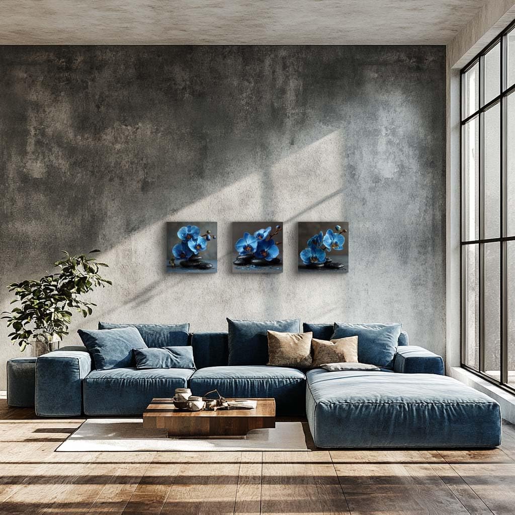 3PCS Blue Orchid Flower Wall Art Zen Spa Stones Canvas Print Water Droplets Floral Still Life Artwork Tranquil Botanical Modern Bathroom Bedroom Meditation Decor for Home Spa Office (14X14inchX3pcs / Blue Orchid)