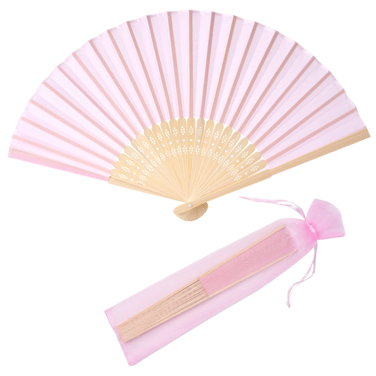 24pcs Imitated Silk Hand Fan Imitated Silk Fabric Bamboo Handheld Folded Fan Bridal Dancing Props Church Wedding Party Favors with Organza Bags (Pink)