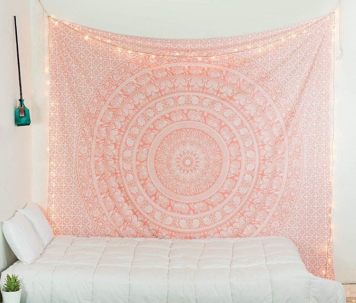 Wall Hanging Tapestry for Bedroom Hippie Mandala Bohemian Tapestry Floral Design Indian Magical Thinking Tapestries Dorm Decor 84 x 90 Inches (90.6"L x 84.7"W / Rose Gold)