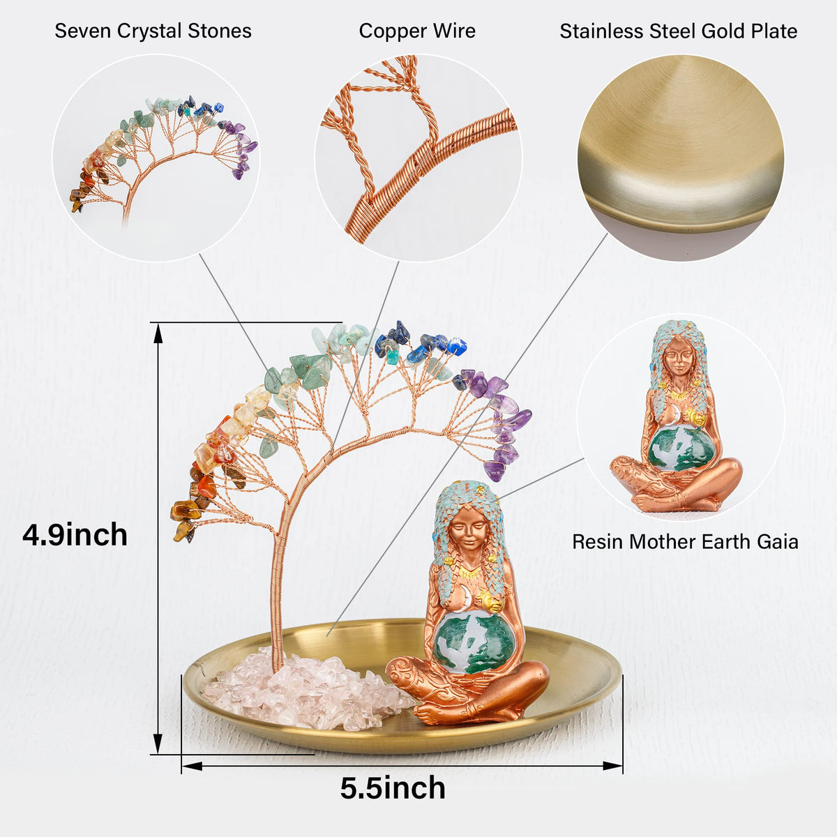7 Chakra Healing Crystal Tree Ceramic Mother Earth Decor Mother Earth Statues Gifts for Women (Mother Earth Statue + 7 Chakra Tree + Gold Tray)