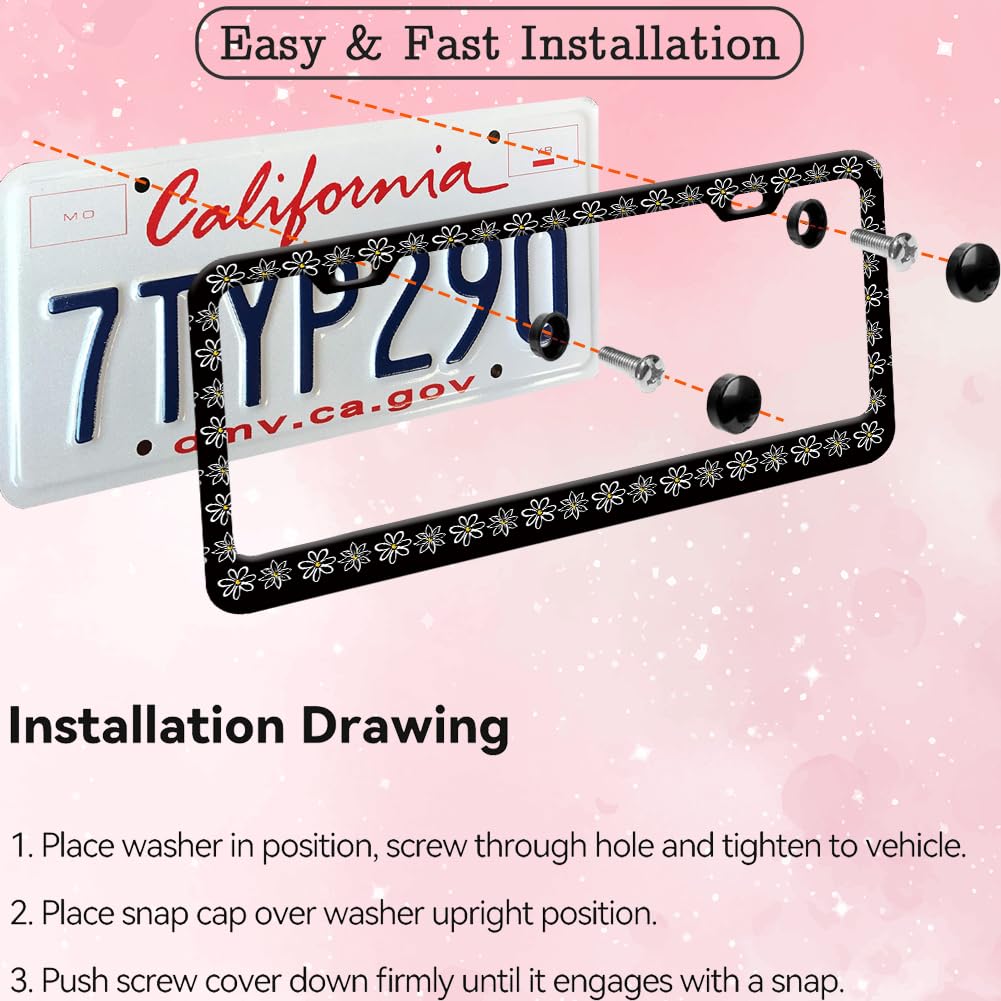 Black White Floral License Plate Frame for Women 1Pc Car Tag (for Floral-Daisy b / 1 pack)