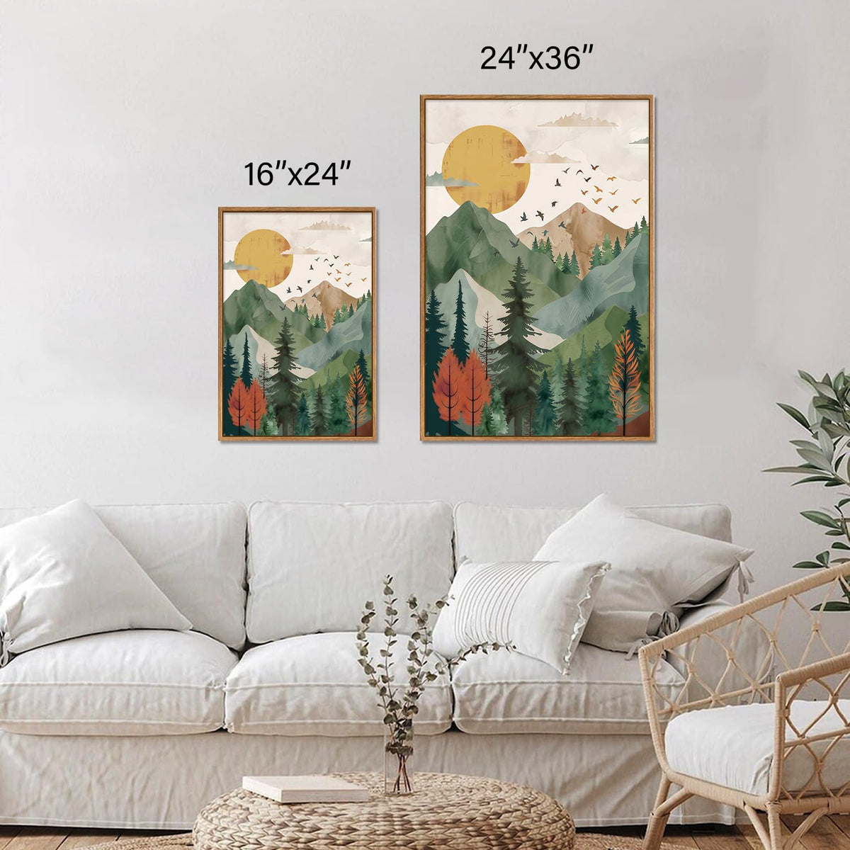 Boho Mountain Framed Canvas Wall Art (Watercolor Sun Forest / 36"L x 24"W)