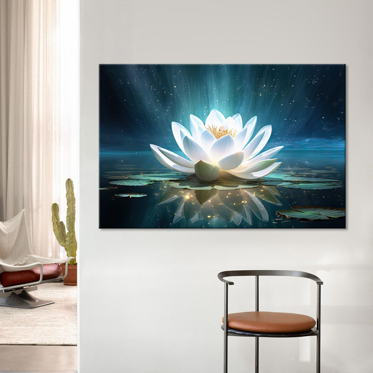 Zen Wall Art White Water Lily Canvas Wall Art Lotus Flower Bloom in Water Print Picture Artwork for Bathroom Yoga Spiritual Living Room Decor (Lotus 09 / 36"L x 24"W)