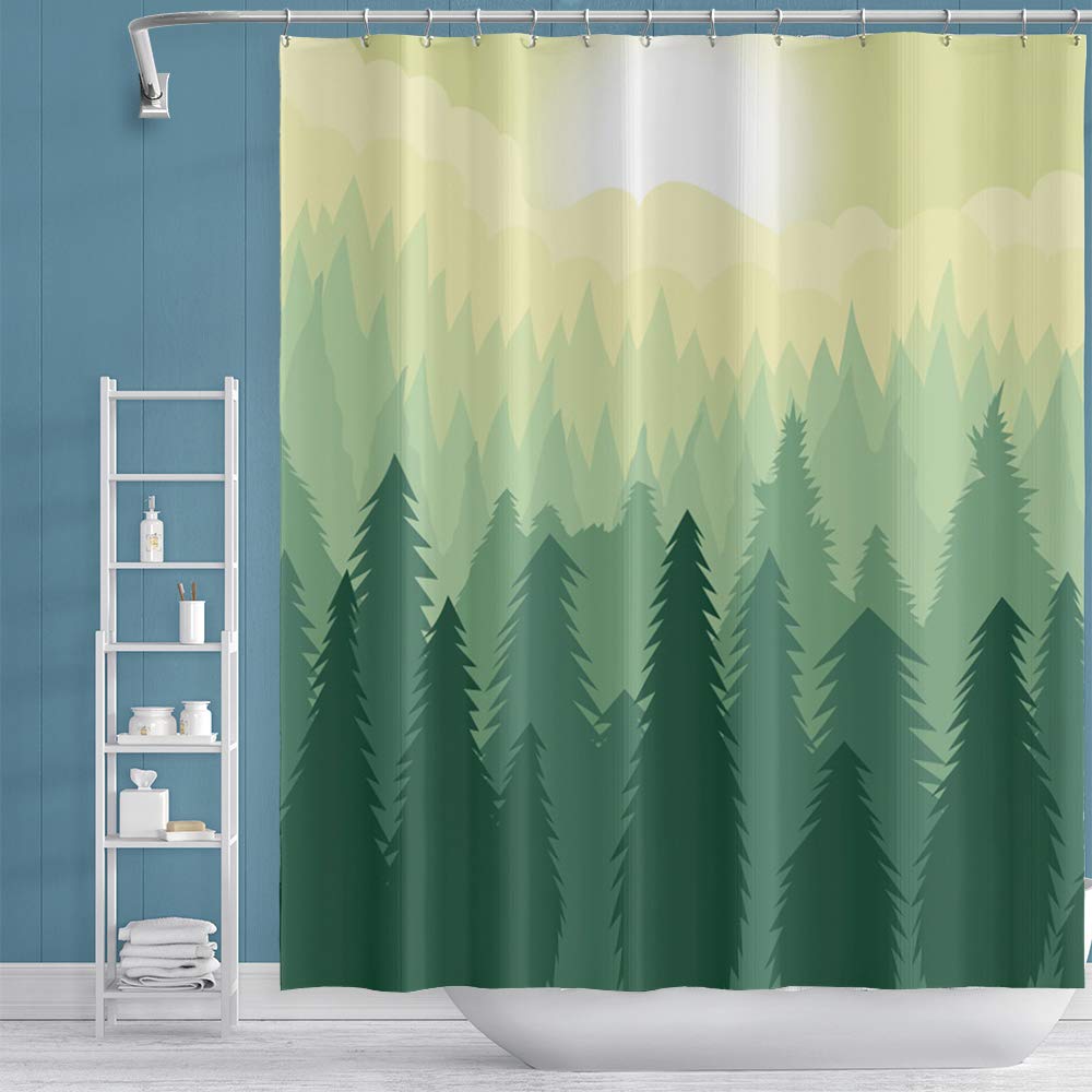 72x78inch Forest Shower Curtains Green Yellow Ombre Curtains Misty Forest Pine Tree Sunshine Fog Fantasy Woodland Abstract Print Bath Curtains Cloth Fabric Polyester Bathroom Decor with Hooks (72"W x 78"L (Pack of 1) / Green)