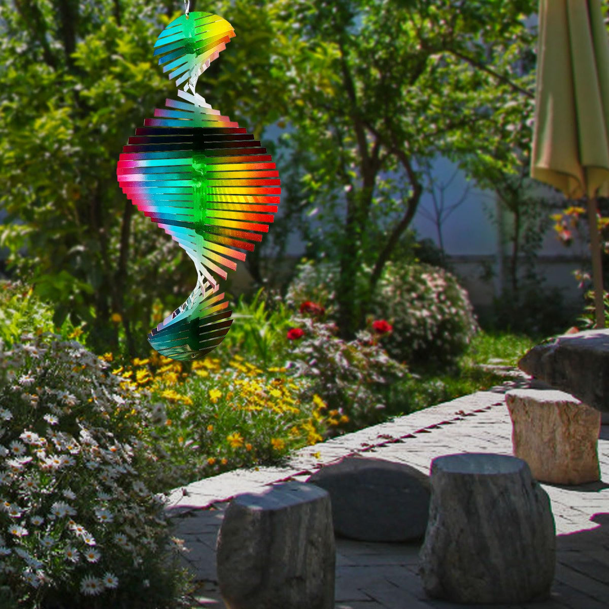 Wind Spinner Rainbow Wave Wind Spinners for Yard and Garden (15in / 009-2green Multi Color-2rainbow Wave)