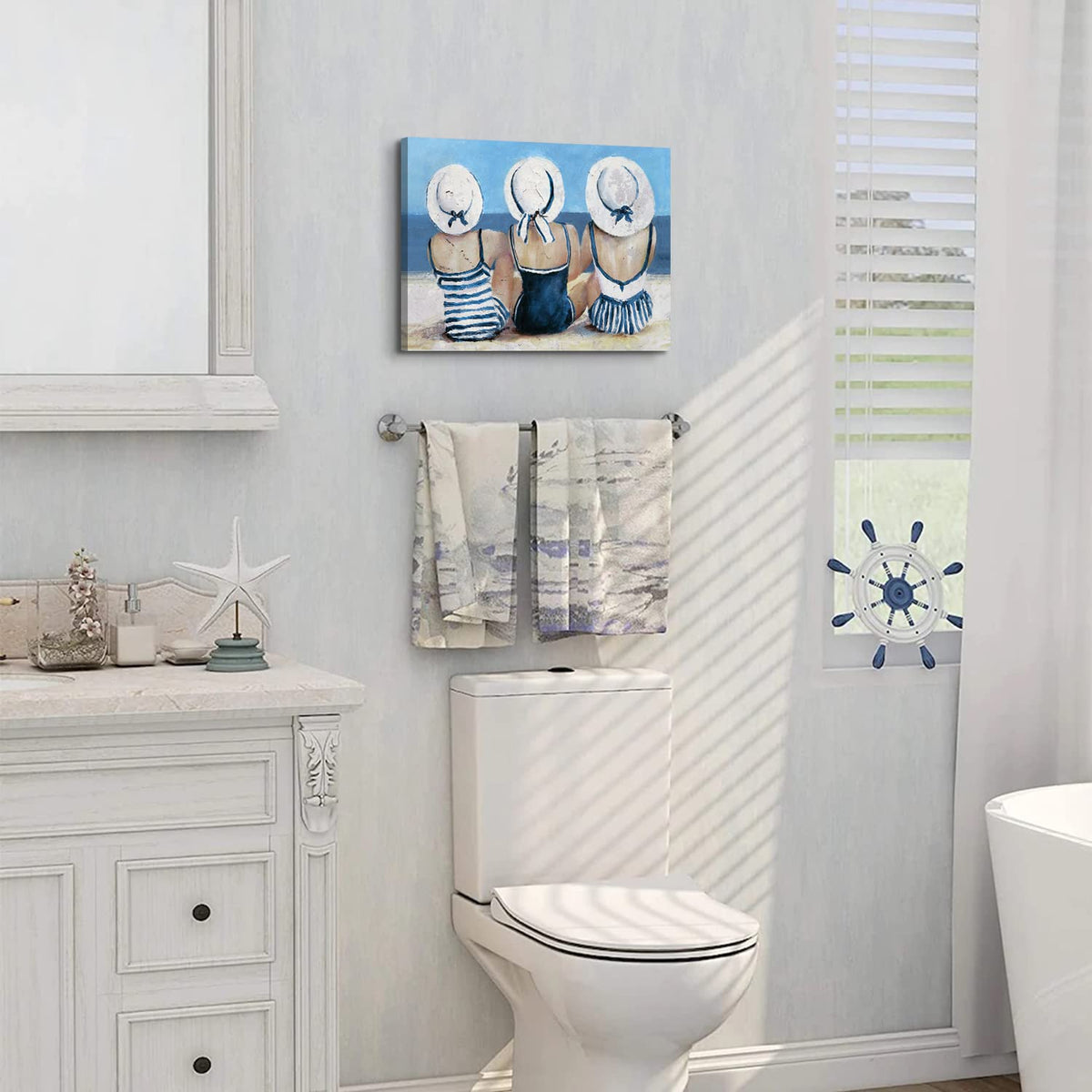 Coastal Beach Wall Art Bathroom Wall Decor Nautical Themed Swimsuit Girl Painting Teen Girls Bedroom Decor Retro Vintage Blue Ocean Poster Beauty Picture Beachy Room Artwork Home Decorations 12x16” (16"L x 12"W / Beach Girls)