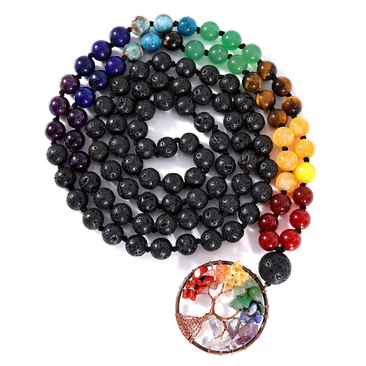 108 Mala Beads Necklace Life Tree 7 Chakra Wrap Bracelet Real Gemstone Yoga Meditation Hand Knotted Mala Prayer Bead Necklace (8mm / Lava Rock Stone)