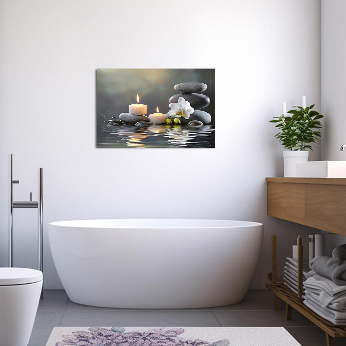 Bathroom Wall Art Orchid Flower with Black Zen Stone Pictures SPA Candle Picture Prints Still Life Canvas Painting for Meditation Spiritual Room Decor (White / 12"L x 18"W)