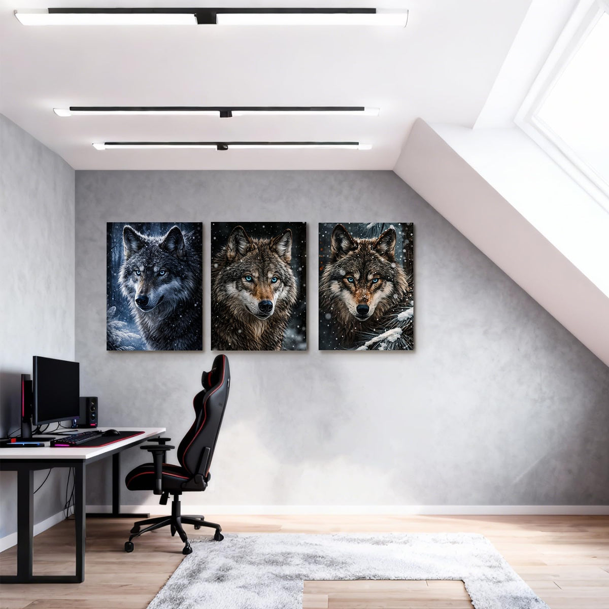 3 Piece Framed Canvas Wall Art 16x20 Wolf Animal Portrait Pictures for Living Room Bedroom Office Hallway Easy No Drill Hanging with Strips and Hooks (Animal-themed canvas paintings60)