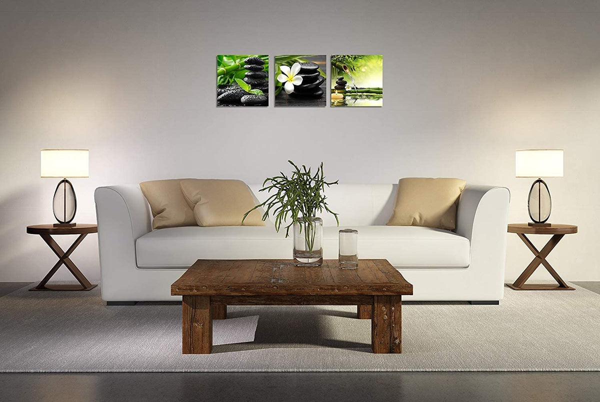 3 Panel Zen Canvas Wall Art Still Life SPA Stone Green Bamboo White Frangipani Flower Pictures Prints on Canvas for Home Office Kitchen Wall Decor Stretched and Framed Each Panel 20x20inch (20x20inchx3 / Still Life Spa Stone)