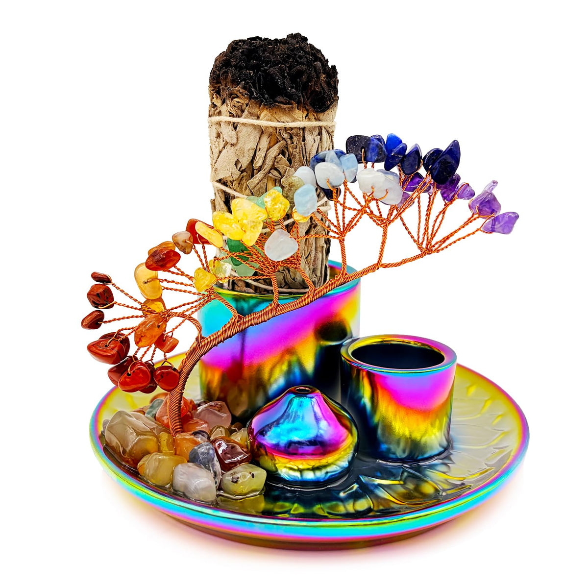 5 in 1 Incense Burner Holder with Crystal Tree for Burning Palo Santo Stick (Colorful)