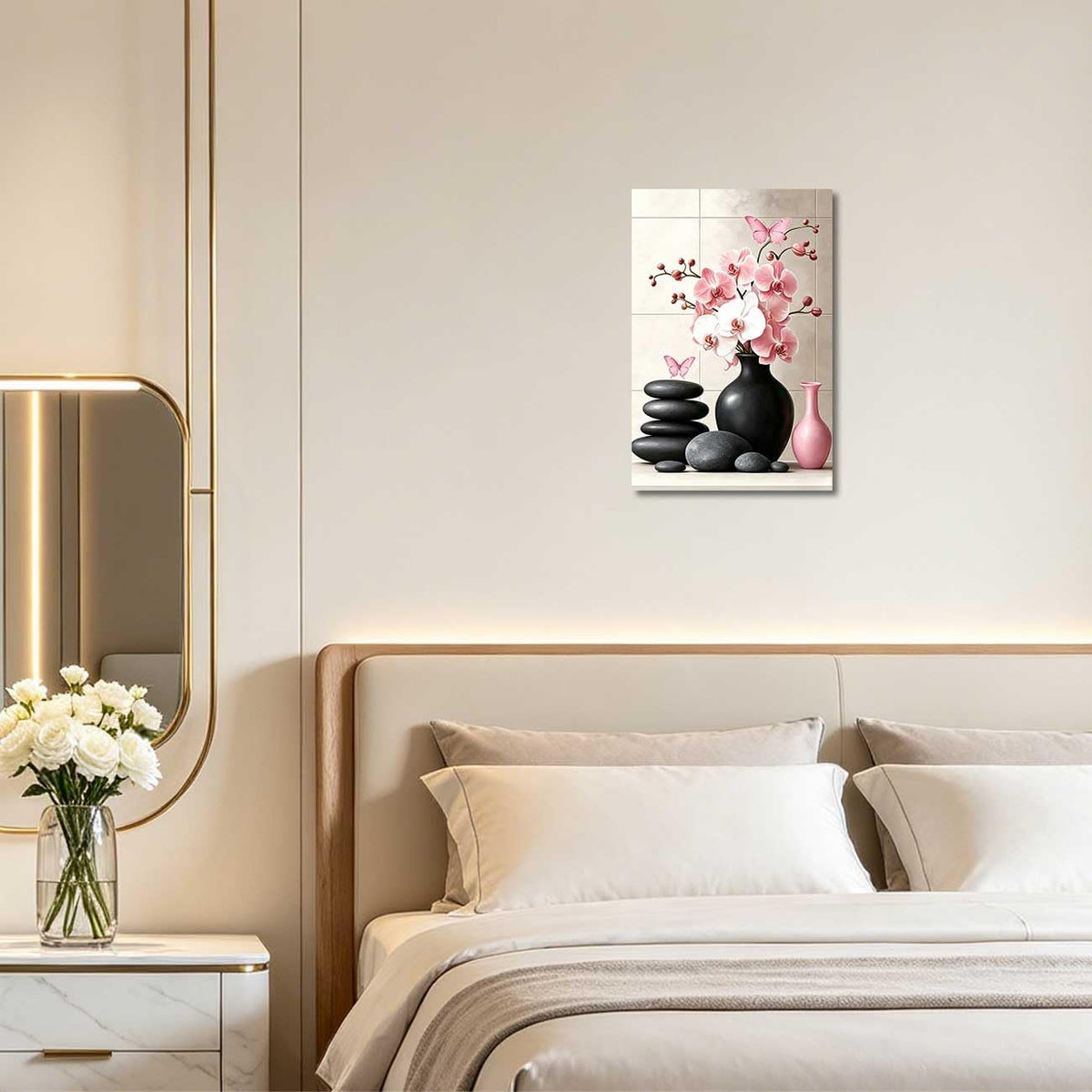 Orchid Flower Canvas Wall Art Zen Bathroom Pictures Prints Spa Stone Butterfly Wall Decor Black White Yoga Meditation Paintings for Living Room Bedroom (Pink / 42"L x 28"W)