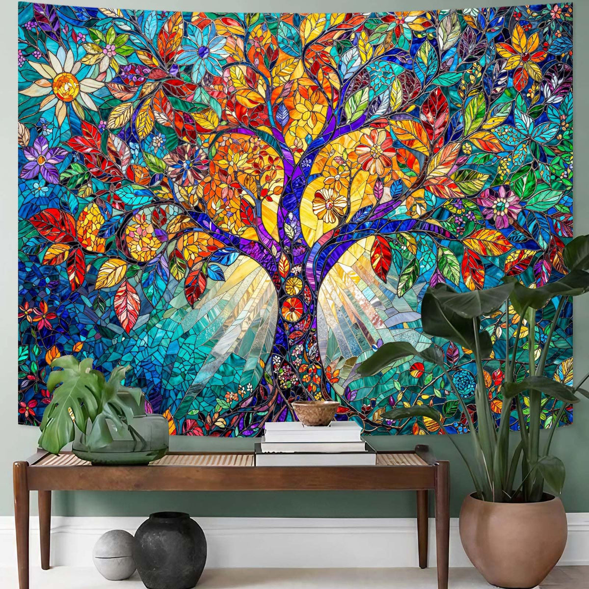Tree of Life Tapestry Stained Glass Tapestry Wall Decor Tapestries for Bedroom Art Tapestries Wall Hanging for Bedroom Living Room Glass (60"L x 44"W / Colorful)