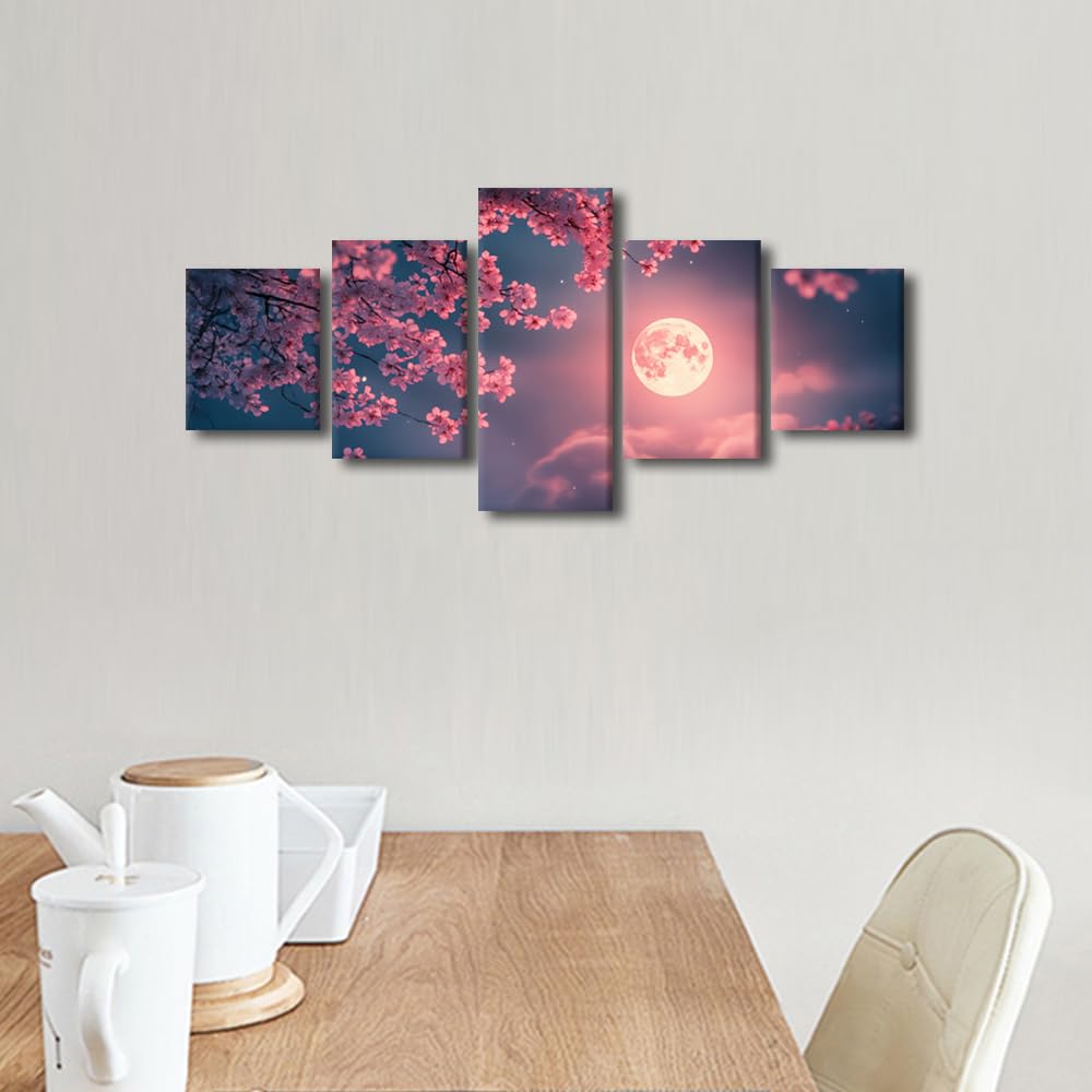 Canvas Wall Art Lunar Embrace Through Sakura Silhouettes Five Panel Framed Painting Nocturnal Blossom Decor Zen Moonlight Wall Art Meditation Space Decor Ready To Hang 50"Wx24"H (50''Wx24''H / Artwork-13)
