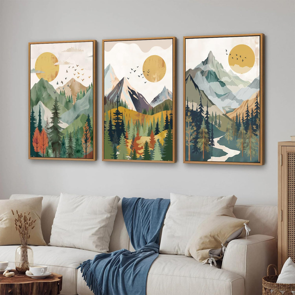 Boho Mountain Framed Canvas Wall Art (Watercolor Sun Forest / 36"L x 24"W)