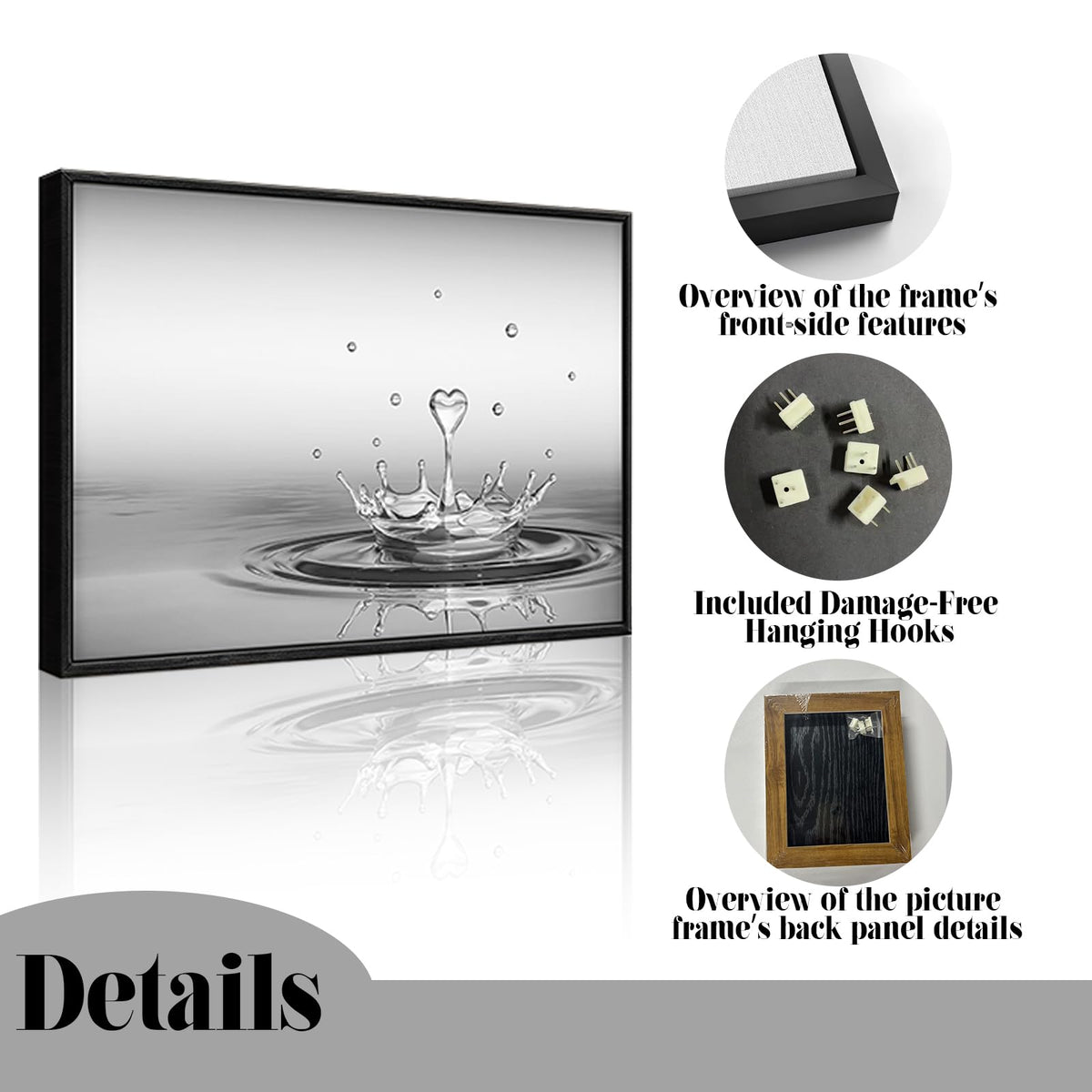 Framed Heart Drop Bathroom Wall Art Black and White Zen Bathroom Wall Art Yoga Meditation Picture Print Wall Decor Spa Room Bedroom Living Room Painting Wall Decorations (Framed Heart Drop / 16"L x 12"W)