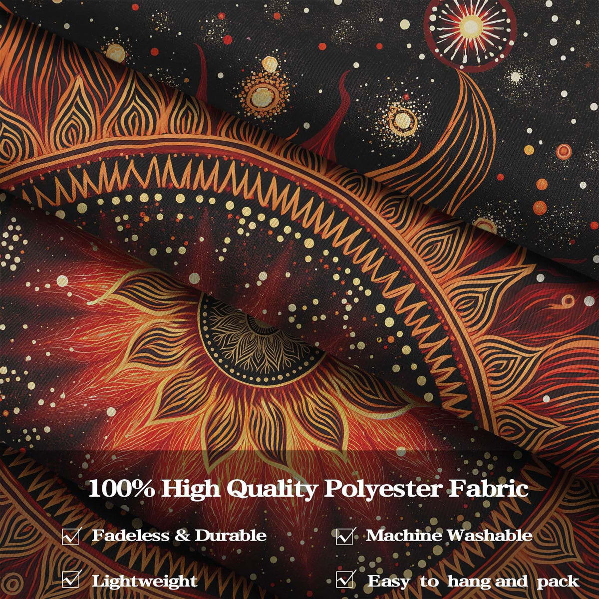 Tapestry Fiery Celestial Sun Mandala Wall Hanging Mystical Red Gold Starry Sky Decor Bohemian Yoga Meditation Backdrop 80"x60" (80"L x 60"W / Dark Red)