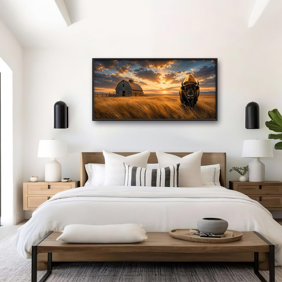 Large Framed Rustic Bison Wall Art Farmhouse Buffalo Decor 60"x30" (Bison / 60"L x 30"W)