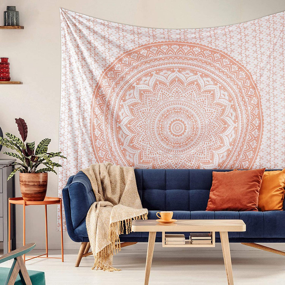 Rose Gold Ombre Tapestry Wall Hanging Mandala (Rose Gold Ombre / 92"L x 82"W)