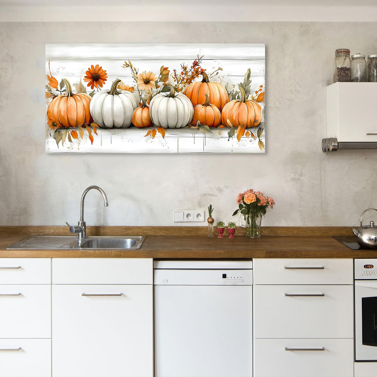 Farmhouse Pumpkin Flowers Canvas Wall Art Living Room Wall Decor (48"L x 24"W / Pumpkin6)