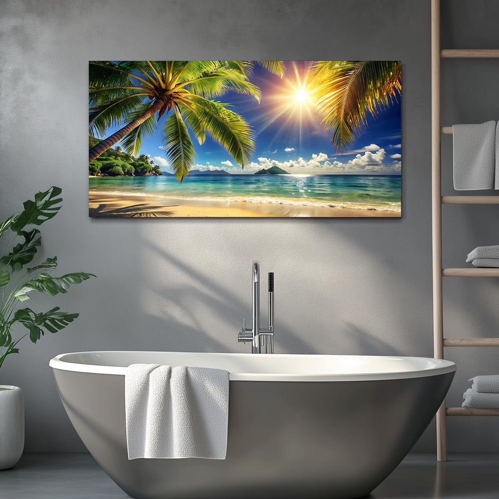 Large Pictures for Living Room Coastal Painting Tropical Sunrise Bearoom Wall Art Beach Poster Ocean Room Decor Palm Tree Canvas Print Summer Sunlight Artwork Framed Office Decor Home (AbePal / 60"L x 30"W)