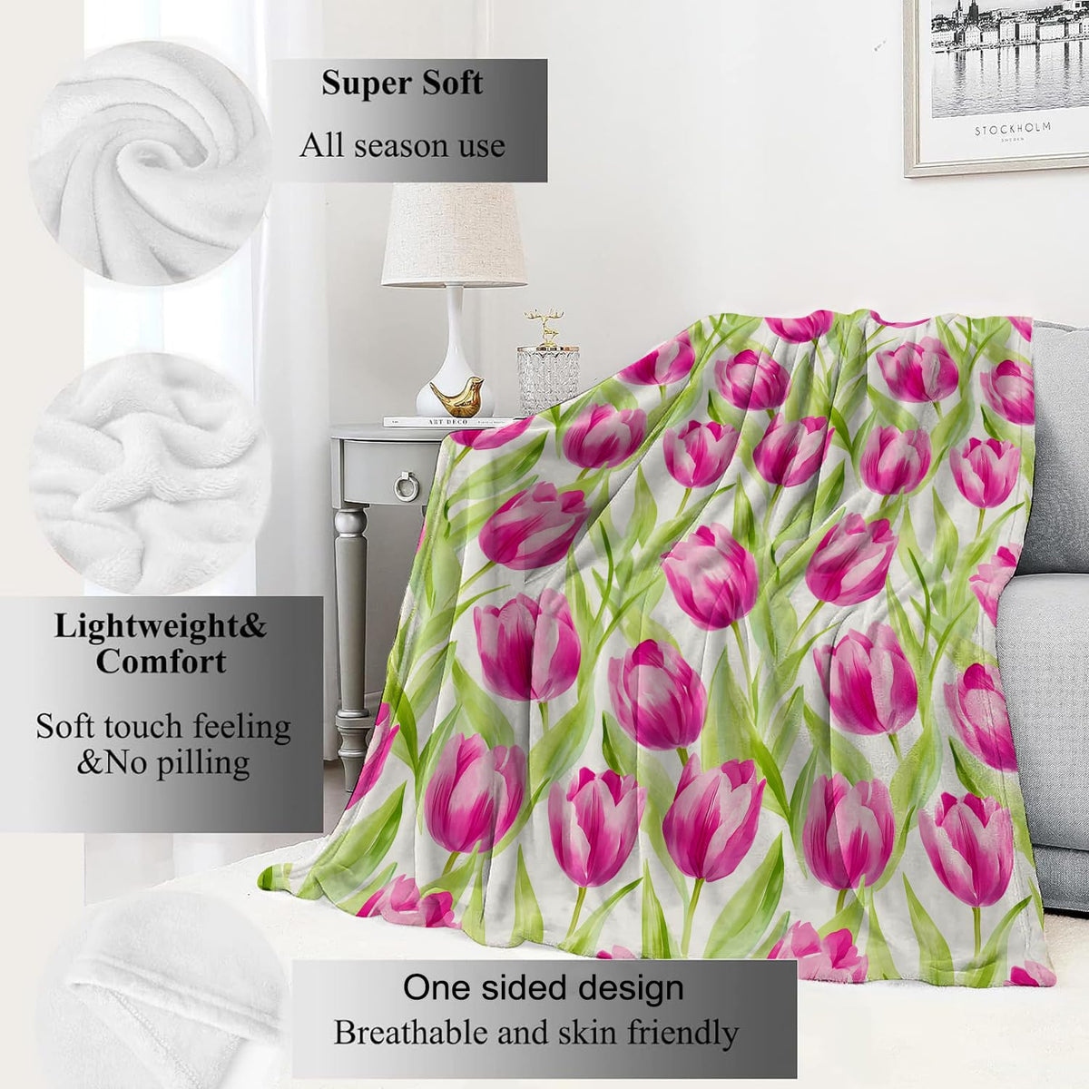 Floral Pink Tulip Blanket Watercolor Flower Throw Blankets with Green Leaves (60x80in / Tulip)