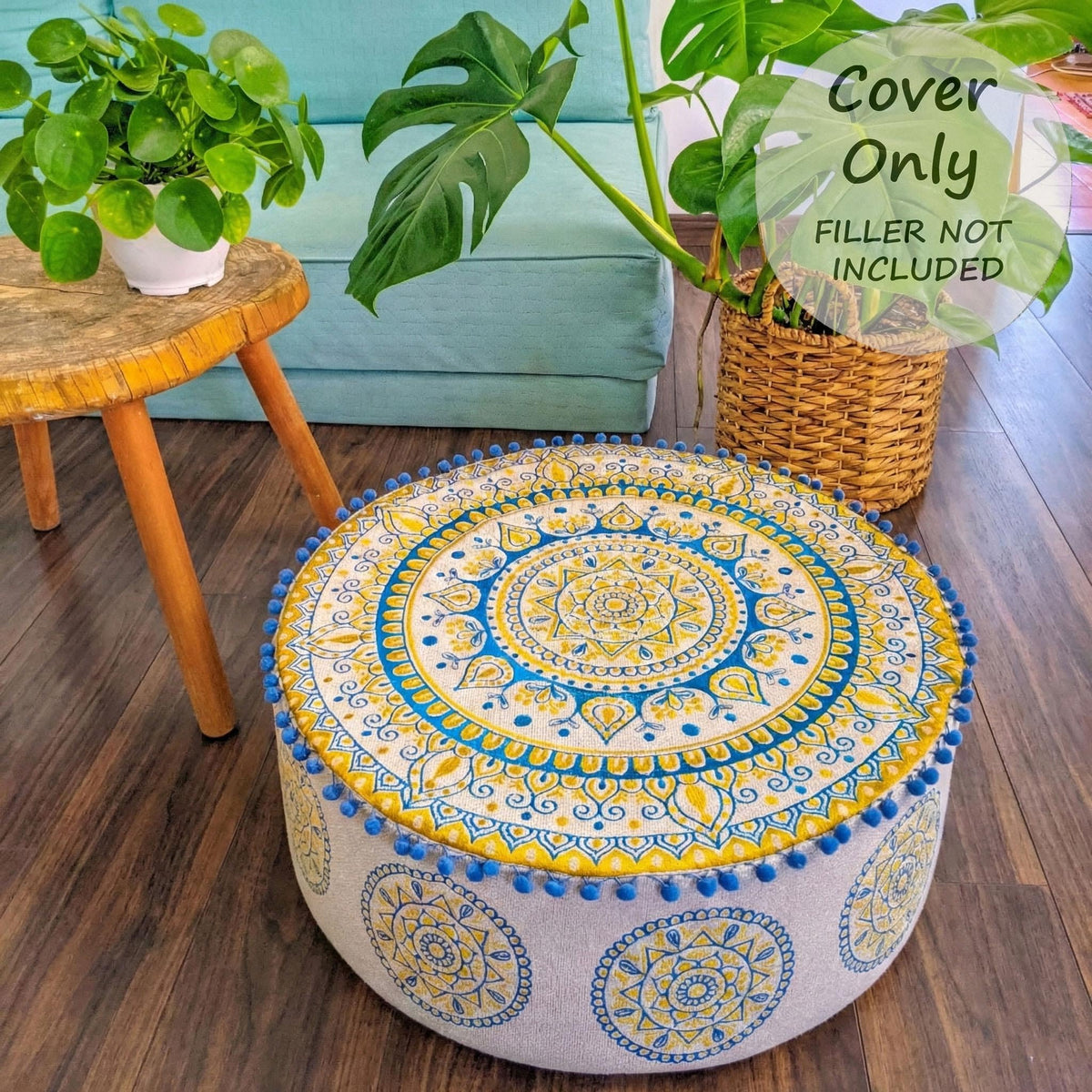 Boho Floor Pillow Cover Round Moroccan Large Pouf Ottoman Room Décor Cushion for Meditation Yoga and Boho Chic Bohemian (Pouf Cover / Golden Blue)