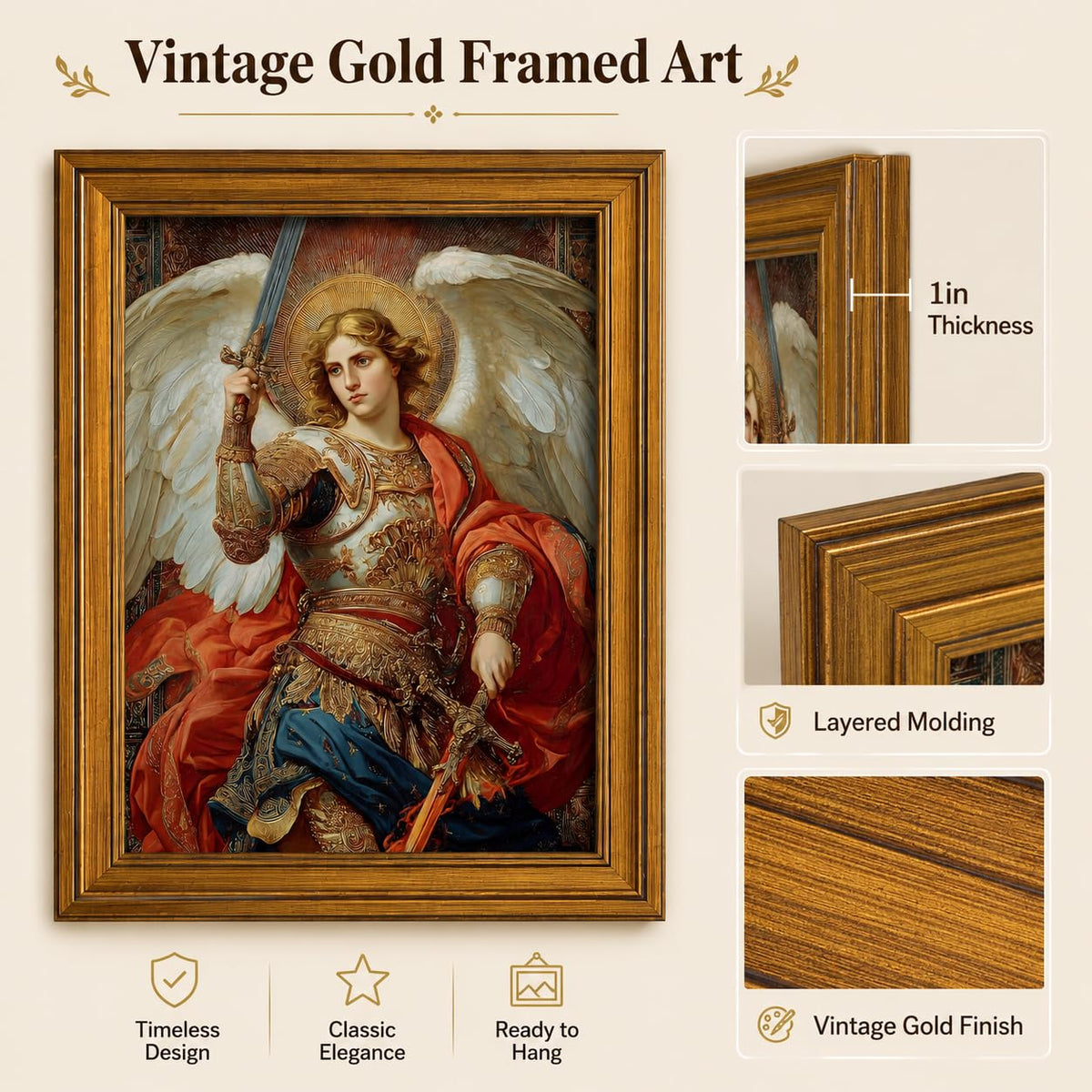 Vintage Gold Framed Archangel Michael Canvas Wall Art 9x11In (Archangel D / 11"L x 9"W)