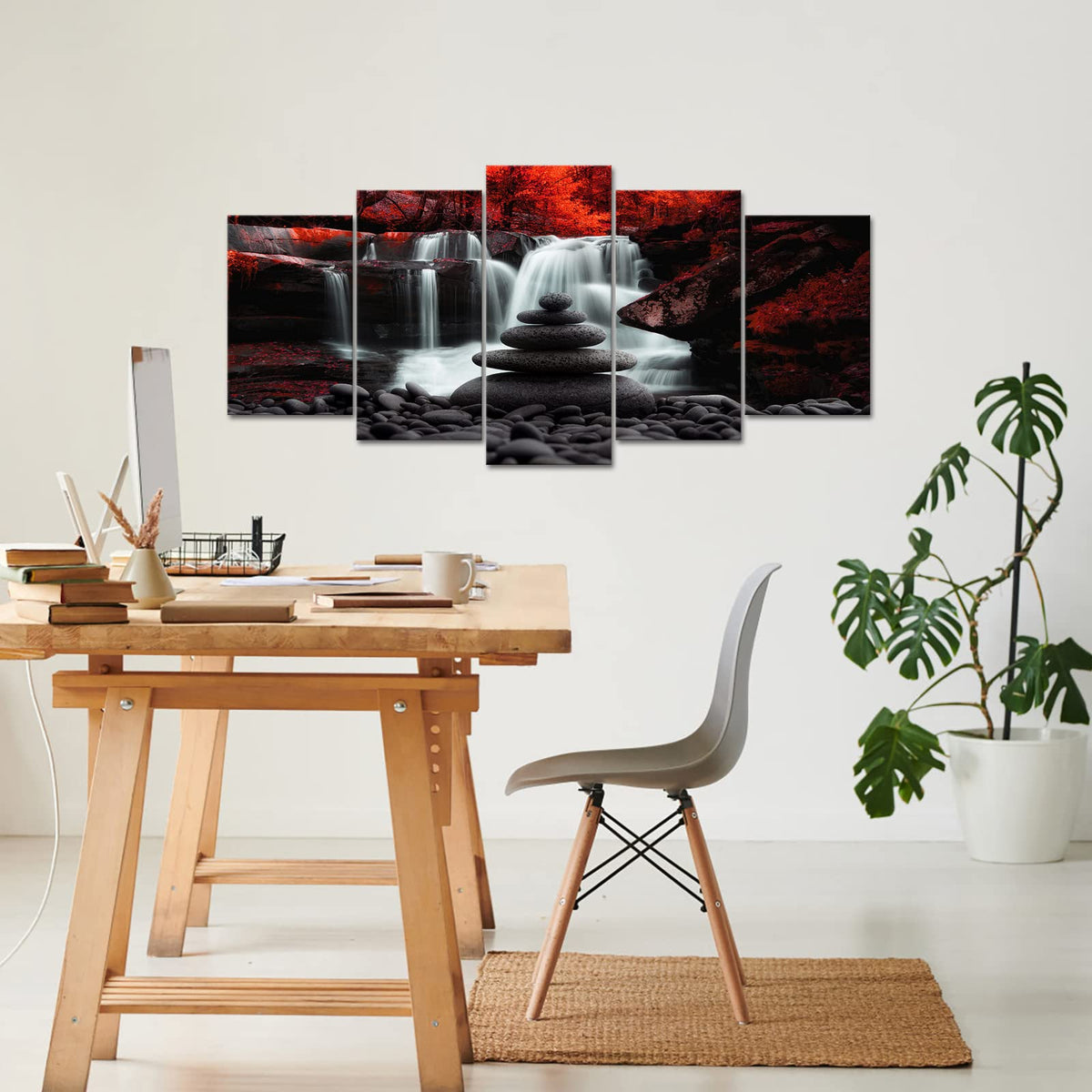 Black White Red Landscape Print Artwork for Living Room Red Tree Canvas Autumn Wall Art Zen Stones Waterfall Painting Picture Wall Decor Framed Ready to Hang (50"L x 24"W)