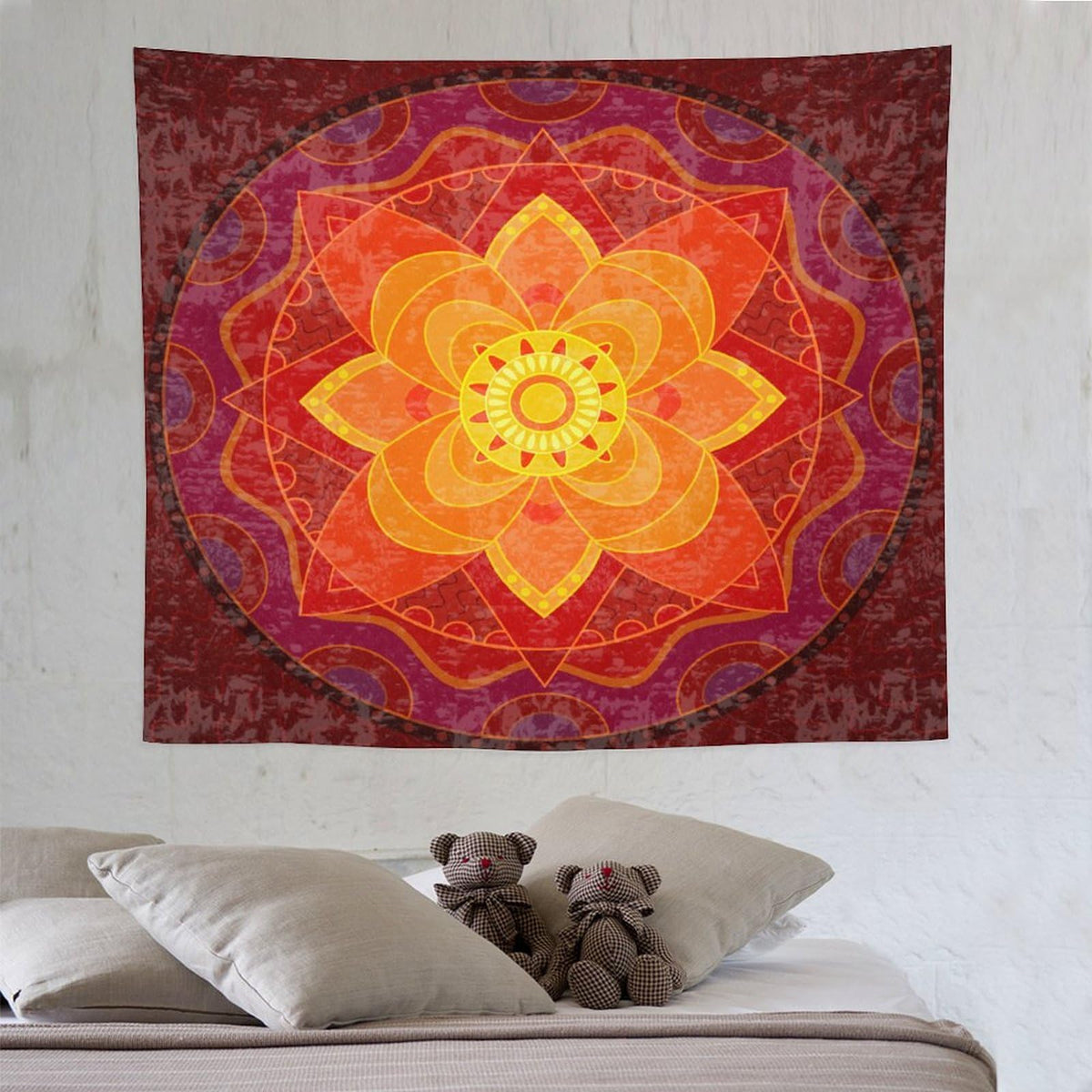 Red Mandala Tapestry Wall Hanging Bright Circular Ethnic Pattern Native Indian Ornament Tapestries Home Decor for Living Room Bedroom Kitchen Dorm 50"x60" (50"L x 60"W / Mandala-9)