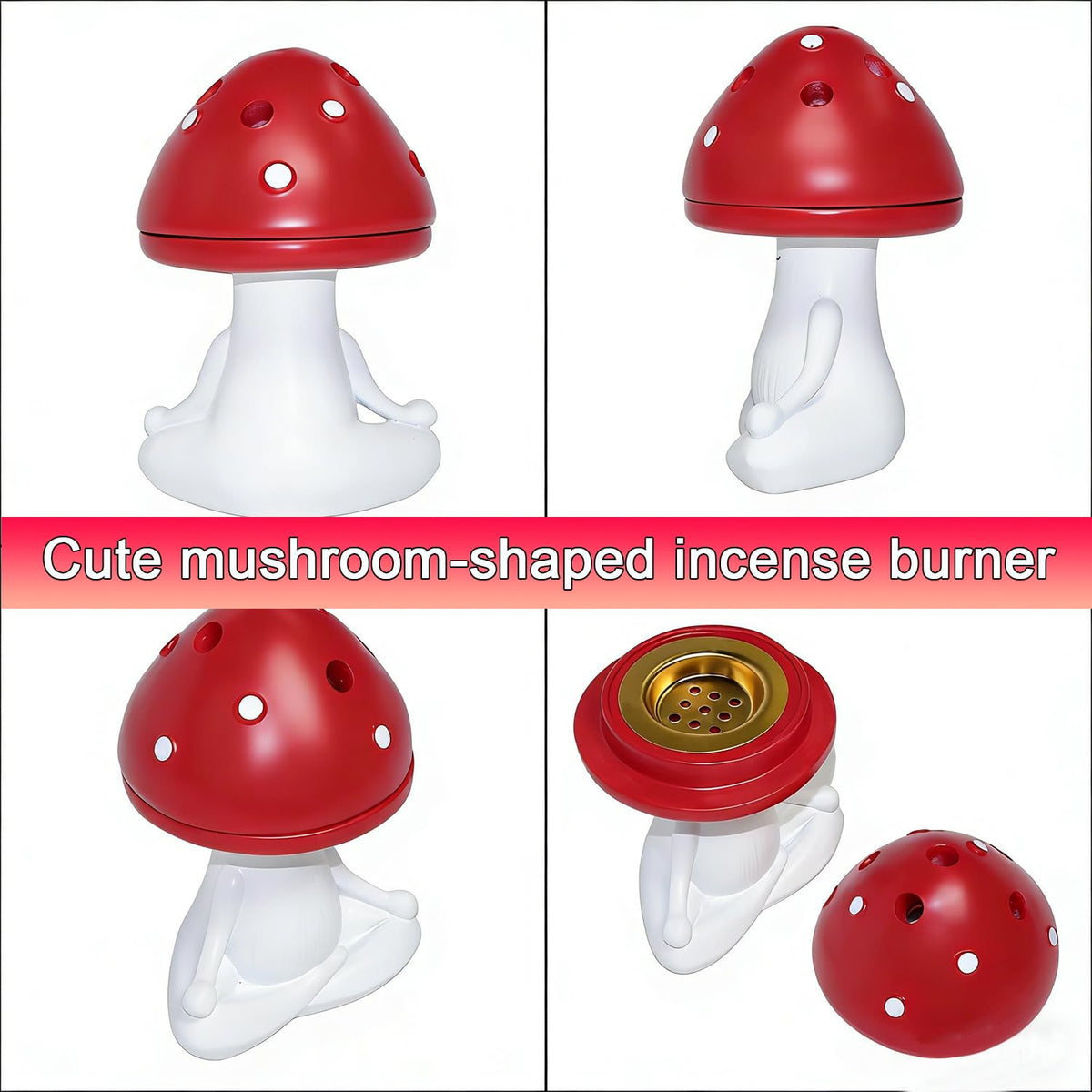 Mushroom Incense Burner Meditating Cute Resin Incense Holder Red (Red)