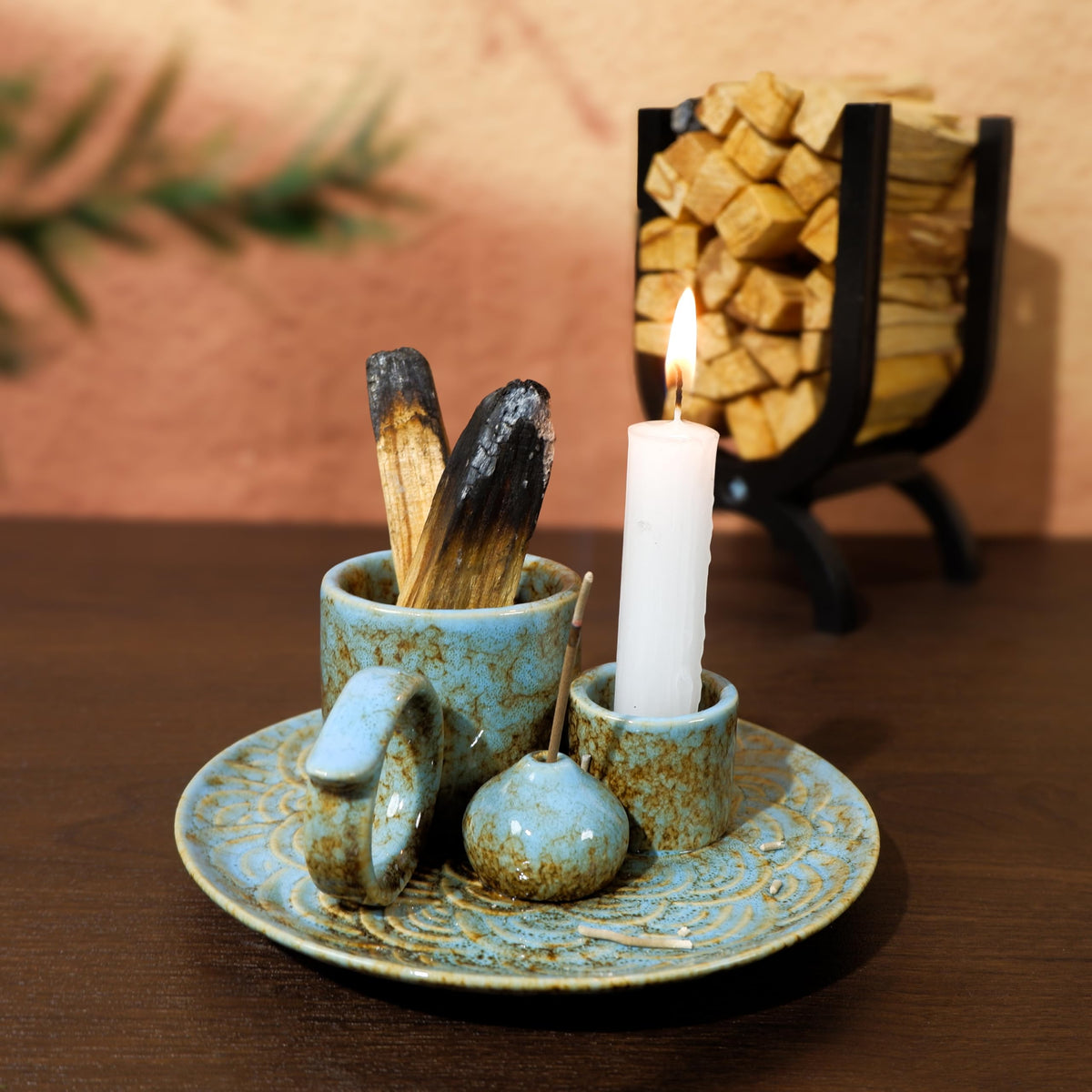 5-in-1 Ceramic Palo Santo Burner Holder Blue -Small Candle Holder (Blue)
