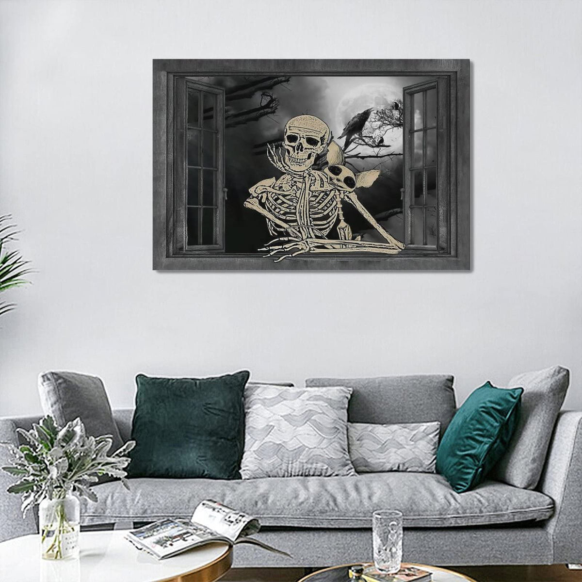 Retro Gothic Skull Bathroom Decor Wall Art Funny Skeleton Black and White Pictures Wall Decor Modern Goth Home Halloween Dark Style Canvas Prints Painting Framed Artwork For Bedroom Living Room (Gothic / 16"L x 24"W)