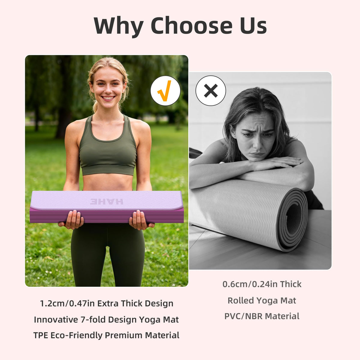 7 Fold Design Extra Thick Yoga Mat 72"L x 24"W x 0.47" (Deep Pink & Light Pink)