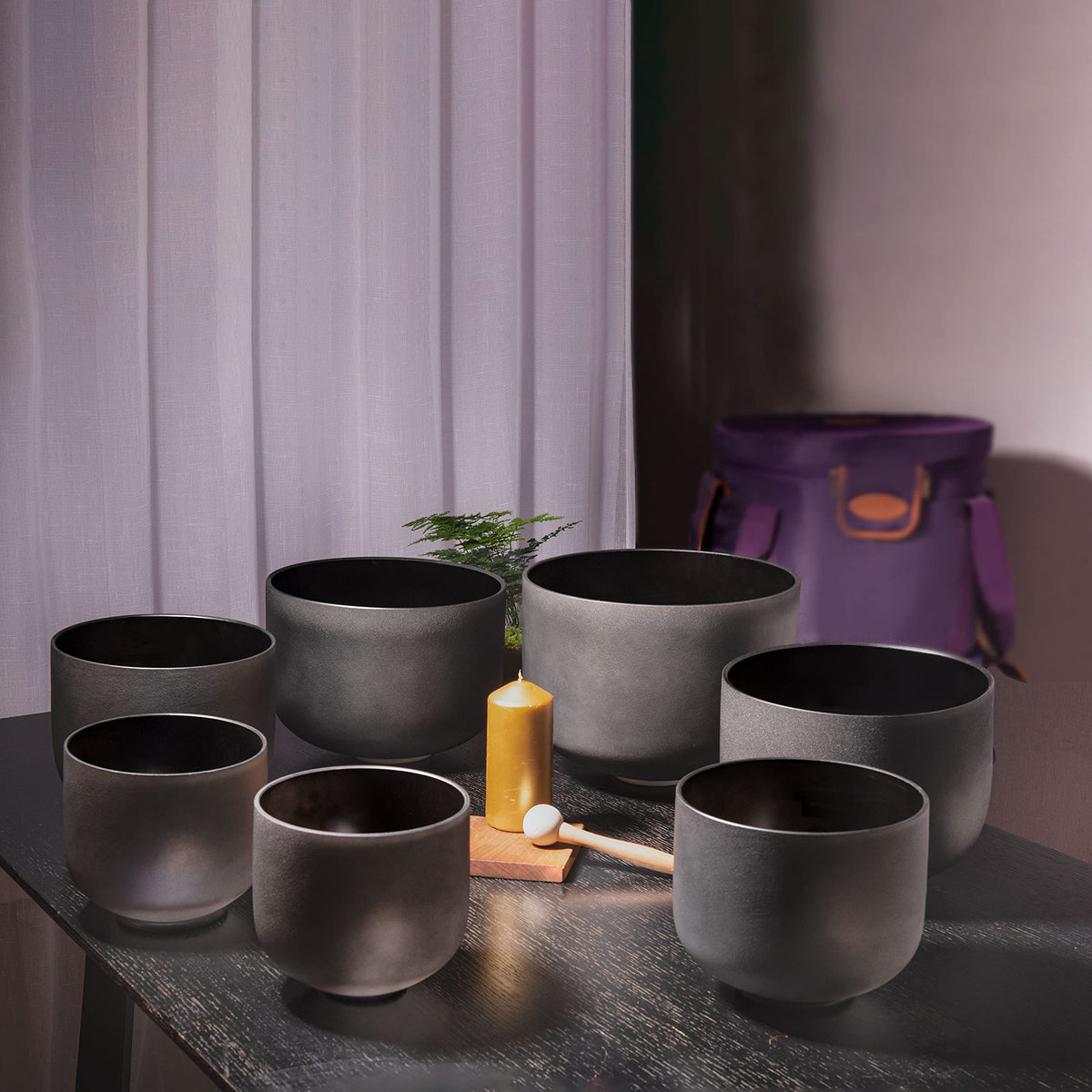 6 10 Inch Black 440Hz Chakra Set of 7 Crystal Singing Bowls (6-10 inch / Set of 7 Black Bowls)