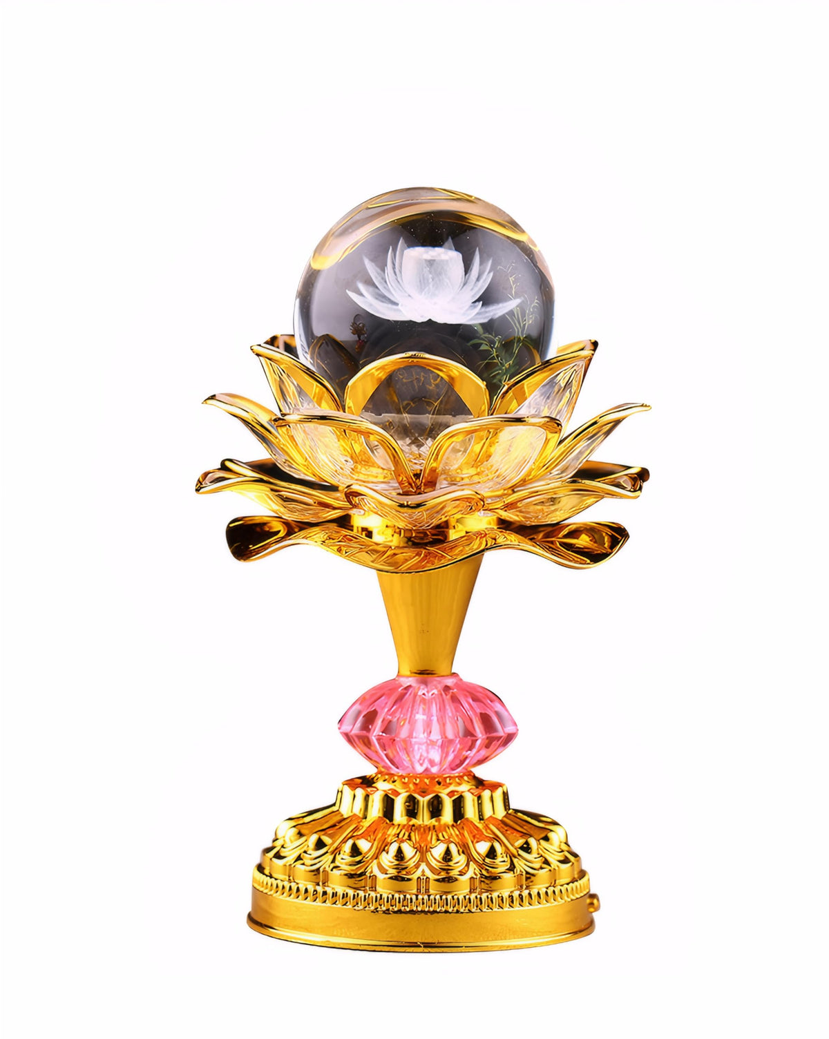 Colorful LED Crystal Ball Lotus Buddhist Lamp (Pale Gold)