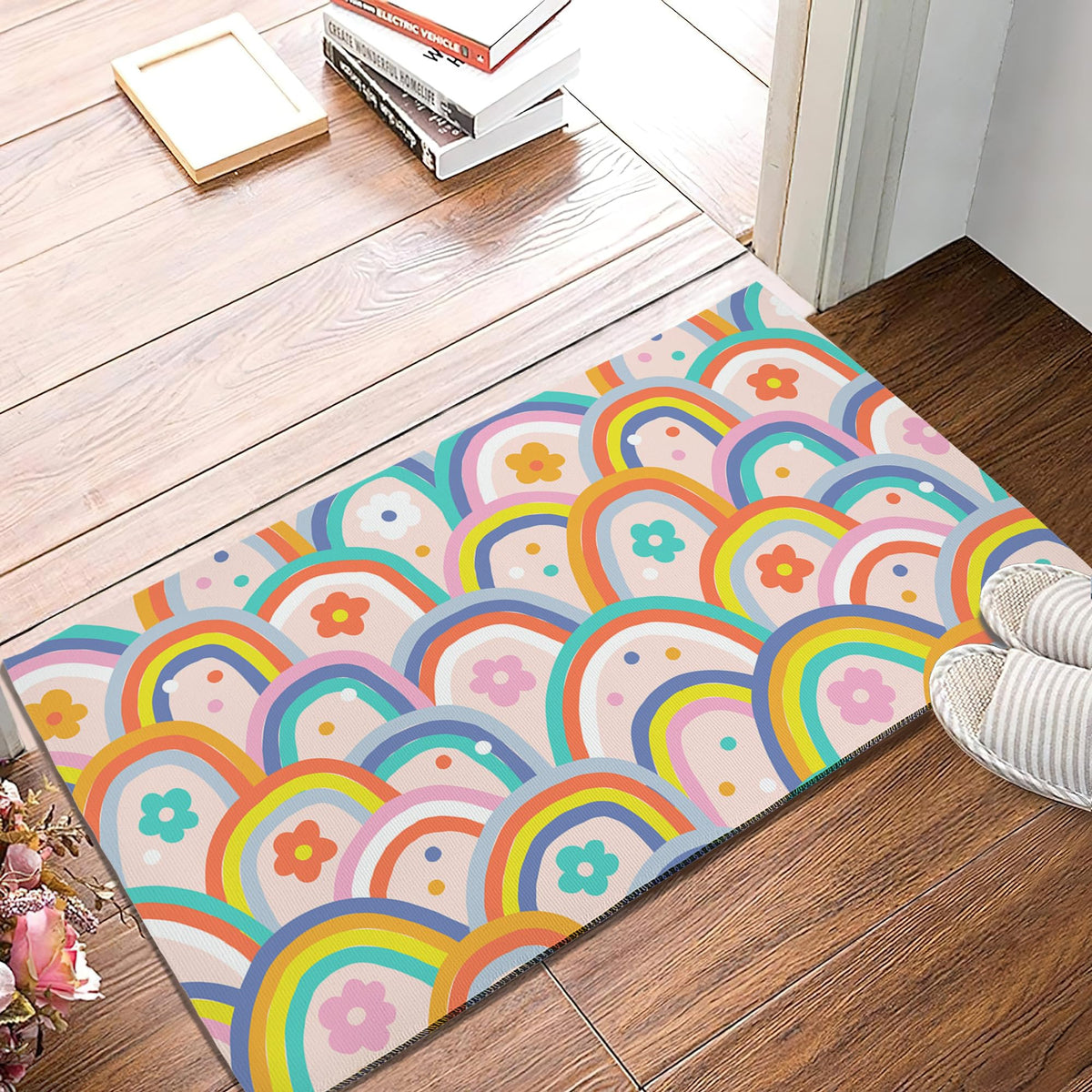 Boho Rainbow Groovy Flowers Door Mat (Boho Rainbow Groovy Flowers)